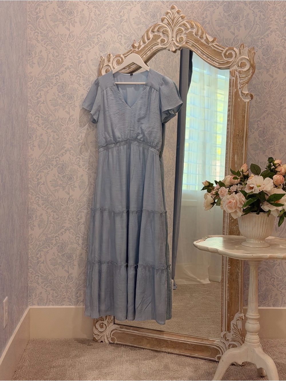 Light Blue Tiered Midi Dress - Women's Elegant Summer Style